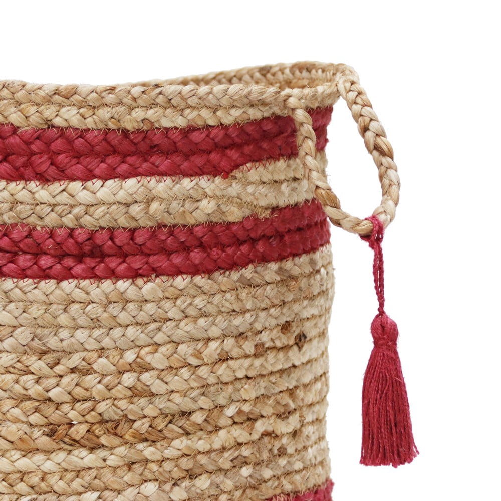 LR Home Woven Round Jute 17" Storage Basket with Handles, Red Double Stripe