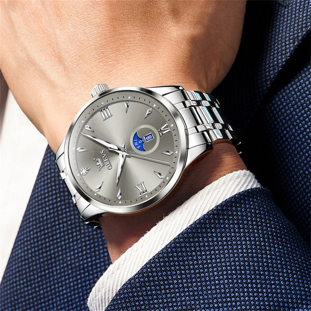 OLEVS Watches for Men Business Dress Casual Analog Quartz Stainless Steel Waterproof Luminous Men Wrist Watches Reloj Para Hombre Gray Dial