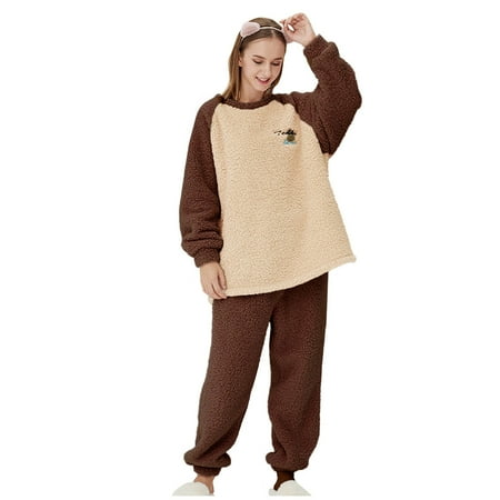 

Women S Trousers Suit Unisex Sleepwear Winter Flannel Print Long Sleeve+ Long Pants Pajama Suit Plus Size Bathing Suit for Women Polyester Coffee M