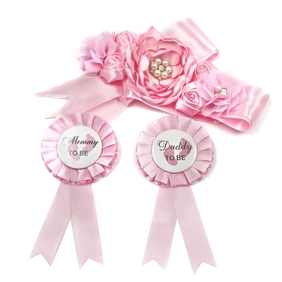 Pink Baby Shower Sash and Pin, Maternity Sash and Mommy Daddy Corsage Set Girl, Pearls Flowers Pregnant Sash Belt, Mom and Dad to be Badge Tinplate for Gender Reveal Party