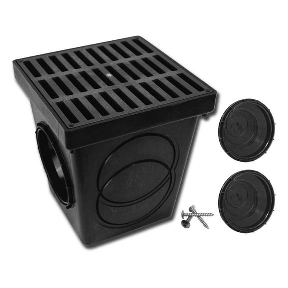 Square Catch Basin Kit - 9x9 & 12x12 Inch Drainage Systems - Black/Green Grates - with Inlet/Outlet - Landscape & Yard Drainage Solutions