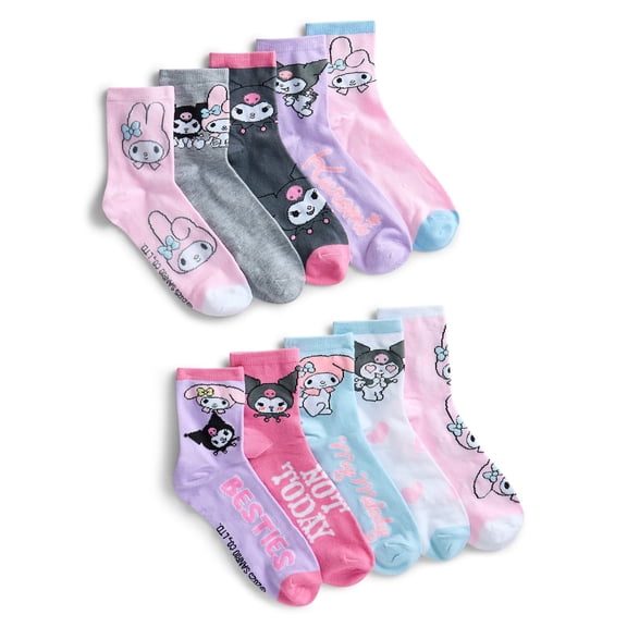 My Melody and Kuromi Womens' Crew Socks, 10-Pack, Sizes 4-10