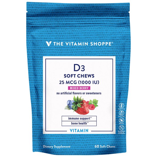 The Vitamin Shoppe D3 1,000IU Mixed Berry Flavored Chews, Supports Bone