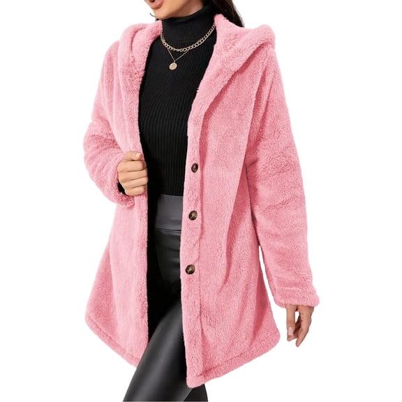 Enjoytime Fleece Jacket Women Fall Winter Button Down Hooded Teddy Coat Soft Warm Casual Mid Length Long Sleeve Outerwear