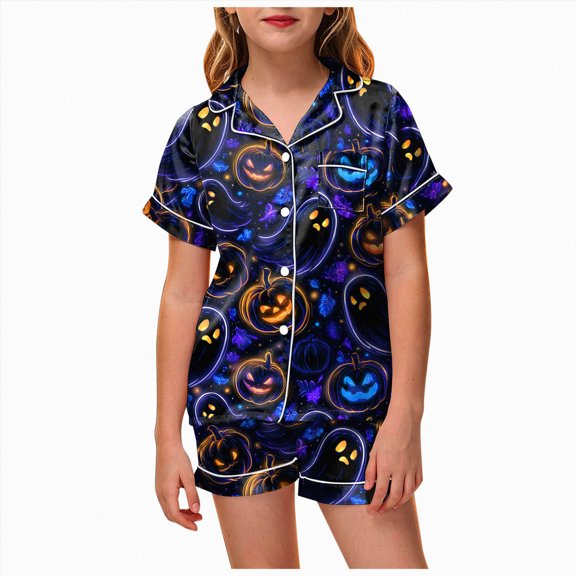 KPOPLK Girls Short Sleeve Halloween Pajamas Set for Kids Cute Print Collared Tops and Shorts Pjs Set Satin Silk Lightweight Kids Halloween 2 Pieces Outift,Size 4-5 Years