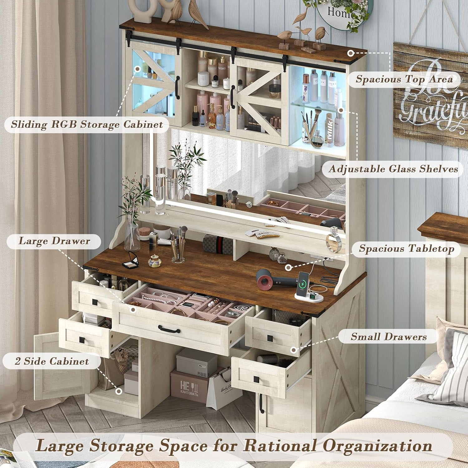 Gacfiew 75.2" Farmhouse Vanity Desk with Mirror and Lights, Makeup Vanity Table with 5 Drawers & 2 Sliding RGB Door & Power Outlet, 3 Color Lighting Modes, Big Vanity for Bedroom, Antique White