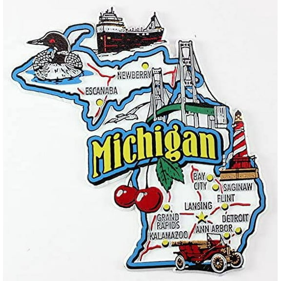 Michigan State Map and Landmarks Collage Fridge Collectible Souvenir Magnet