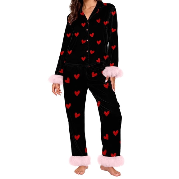 WCJM Women Satin Pajamas Heart Print Button Long Sleeve Shirt with Matching Pants Set Black S Long Sleeve Pajama Sets