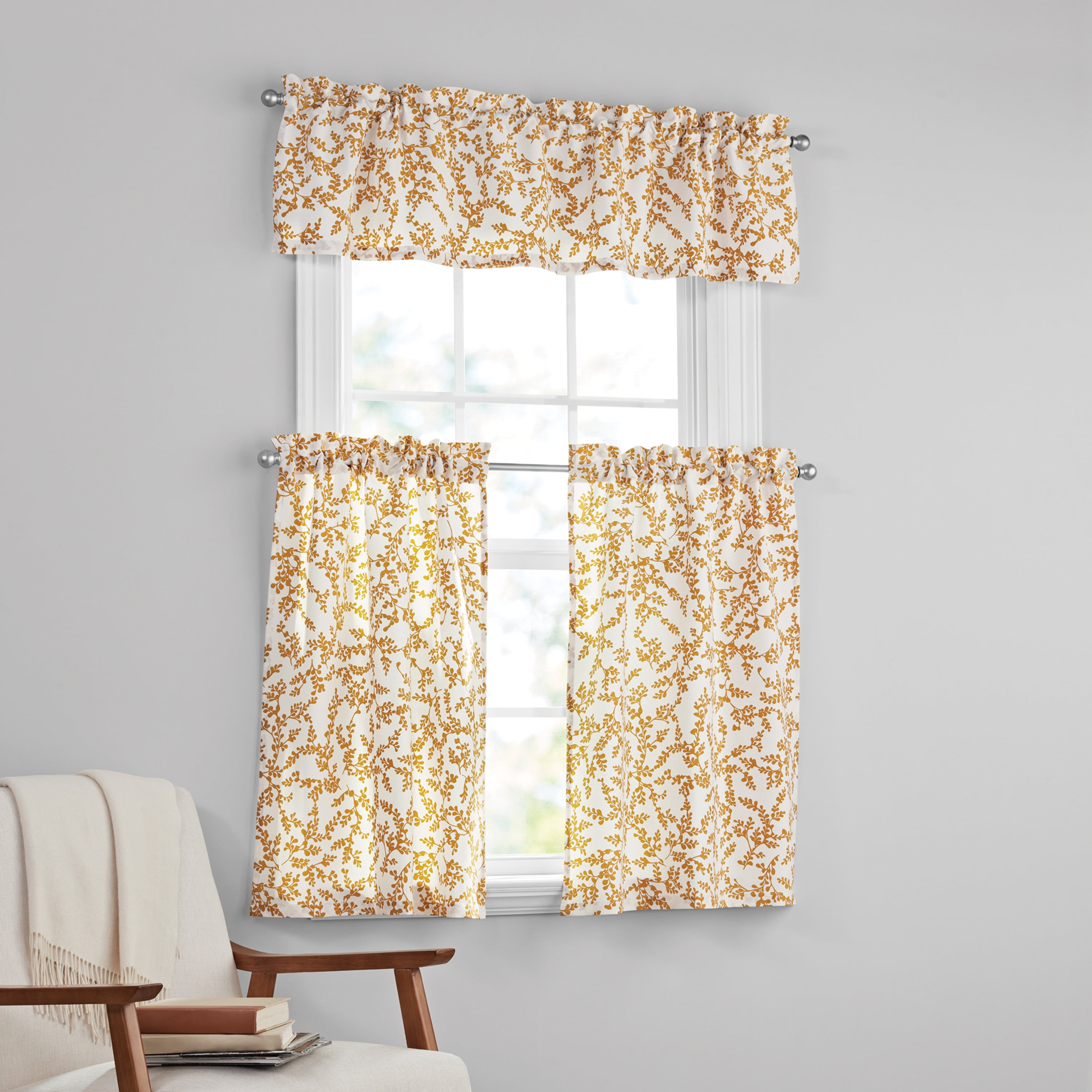 Mainstays Printed Tiers and Valance Set, 3-Piece, Yellow, 56" W x 36" L, Indoor Curtain, Adult