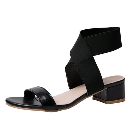 

Youmylove Women Sandals Fashion Summer Middle Heel Elastic Cross Strap Solid Color Casual Slip On Bohemian Comfortable Stylish Shoes Ladies Footwear