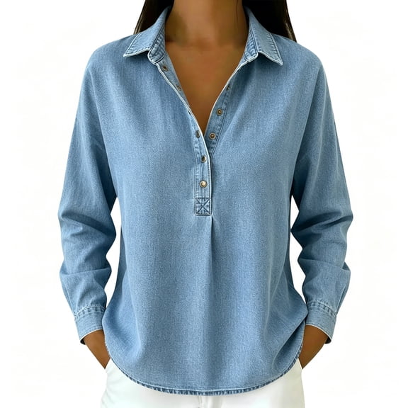 Jeans Shirt for Women Long Sleeve Vintage Washed Denim T Shirt Lightweight Going Out Fall Jean Top Casual Polo Shirts