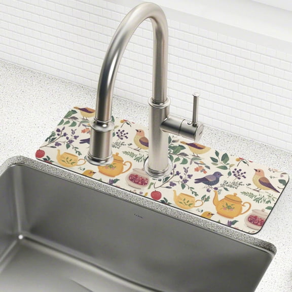 Yayeee Faucet Mat for Kitchen Sink 14.7" Diatomite Long Splash Guard Pad, Birds and Teapots