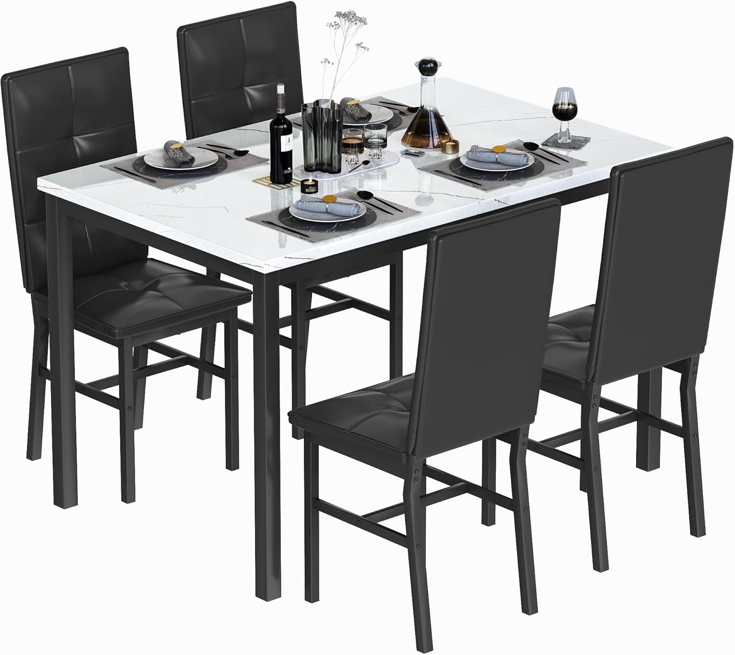 LinkRomat Dining Table Set for 4, Modern Faux Marble Tabletop and 4 PU Leather Upholstered Chairs, Kitchen Table and Chairs for Dining Room Breakfast Nook, White