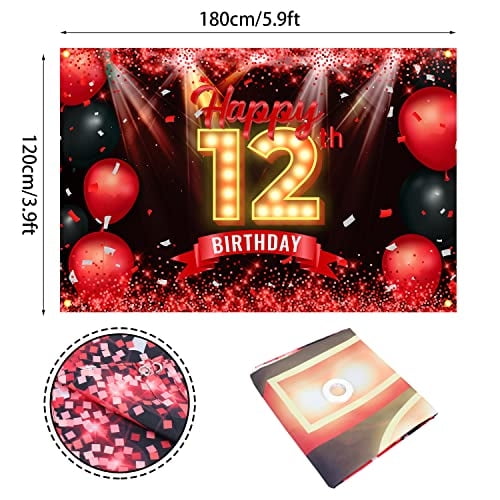 Feliz cumpleaños 12 Banner Telón de fondo rojo y negro 12 años de edad Fondo Bday Decoraci N\C N\C