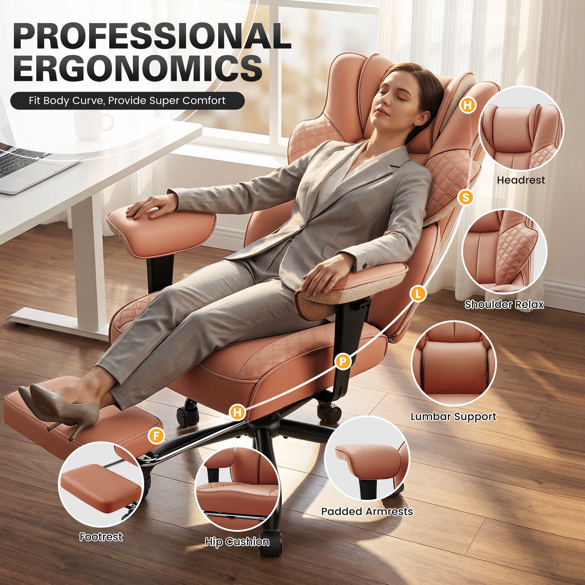 COOLHUT Big and Tall Office Chair 500lbs, Heavy Duty Ergonomic Office Desk Chair with Deluxe Embossing PU Leather with Footrest, Executive Gaming Chair with Lumbar Support, Brown