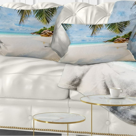 Designart Summer Beach with Palm Leaves - Modern Seascape Throw Pillow - 12x20