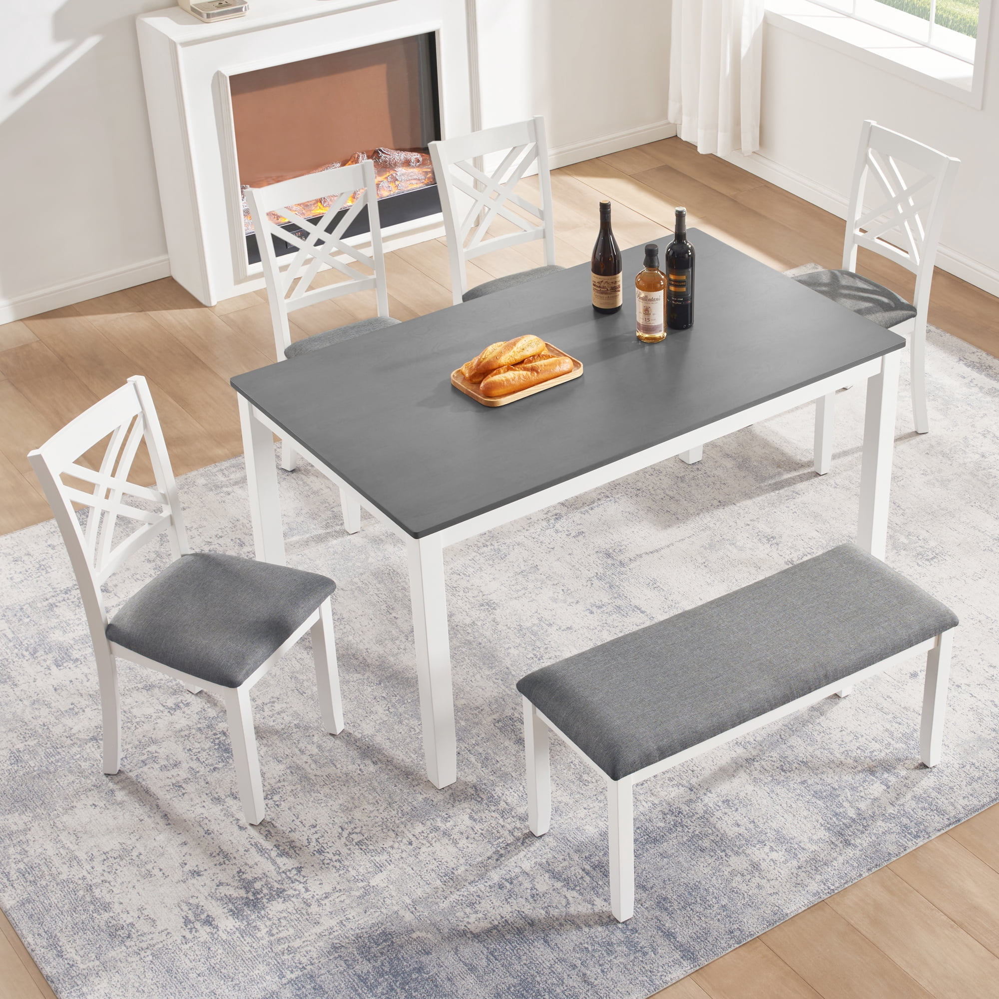 6 Piece Dining Set for 6, 58.5" Rectangular Dining Table with 4 Upholstered Chairs and a Bench