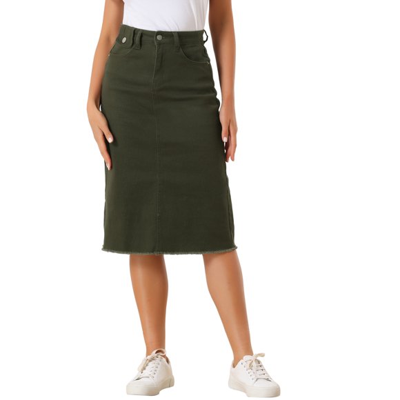 INSPIRE CHIC Women's Solid High Waist Back Vent Knee Length Denim Skirt Army Green M