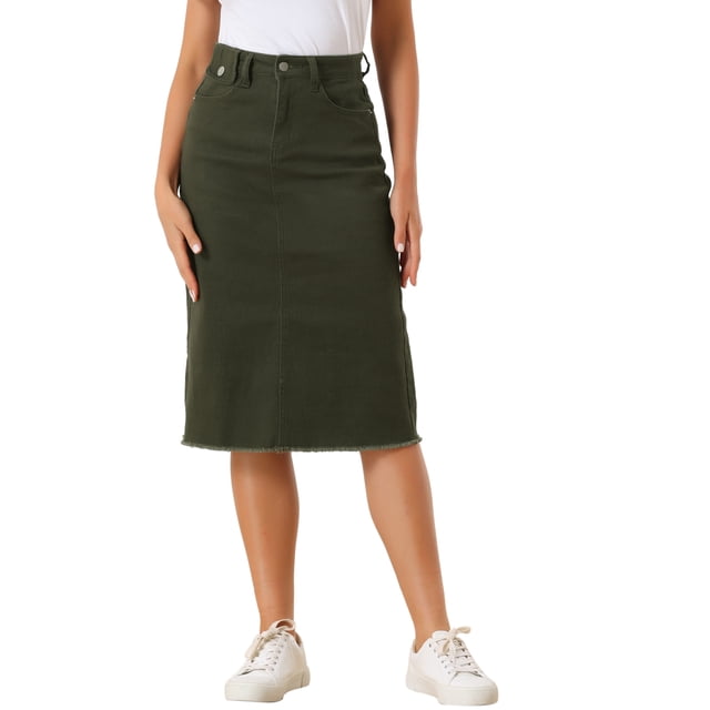 Unique Bargains Jupe en Denim pour Femme à Taille Haute, Ourlet Brut, Longueur Genou, Vert Armée, TG