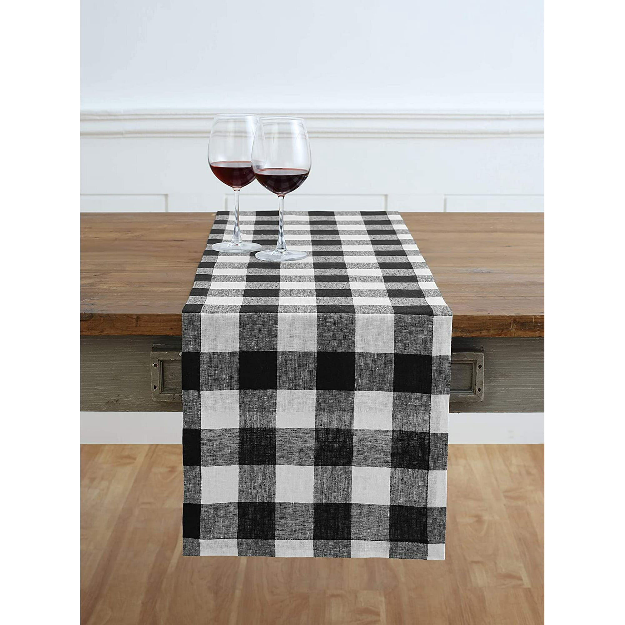 Huasice Pure Linen Buffalo Check Table Runner Black White Checks Table Runner Natural Fabric Handcrafted Other Black And White