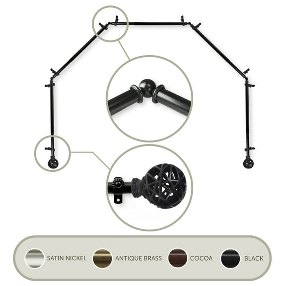 3/4" Dia Adjustable 5 Sided Bay Window Curtain Rod 28 to 48" (each side) in Black with Matthias Finials,(5Bay-88-2)