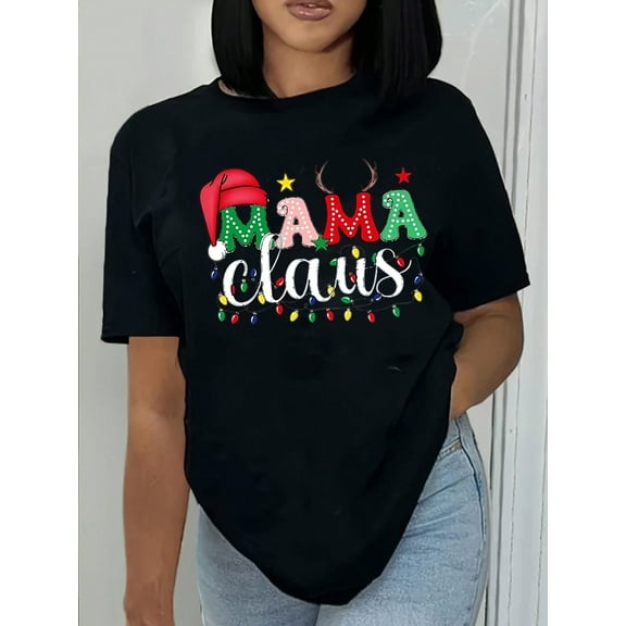 Women's Festive Mom's Christmas T-Shirt - "Family Christmas 2025" "Mam"Design, Casual Round Neck, Regular Fit Holiday Top With Santa Hat And Ornament Graphics, Seasonal Clothing | Santa Hat Design