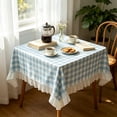 thumbnail image 5 of Dongrere Light Blue White Plaid Ruffled Table Cloth, Rectangle Tablecloth, Table Cover for Dining Room Kitchen Decor, 31.5x31.5 Inch, 5 of 6