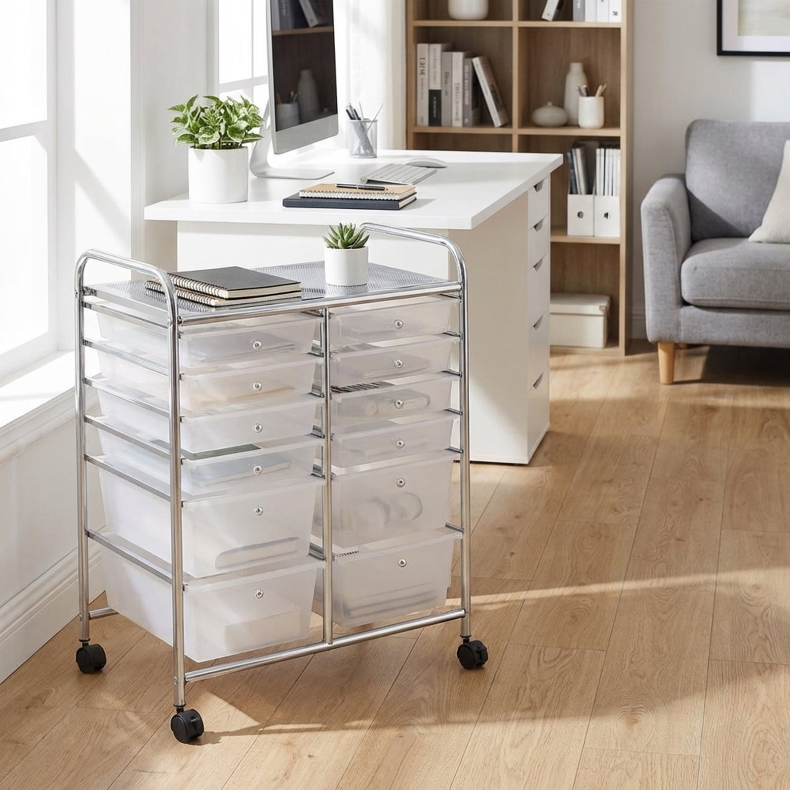 Furnibear 12-Drawer Clear Rolling Storage Cart See-Through Drawer Organizer with Locking Wheels for Crafts and Closet, Transparent
