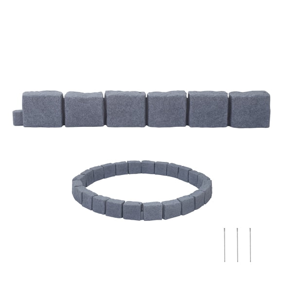 KFFKFF Faux Stone Landscape Edging, 46.85" Kit, No Dig Garden Edging Border, Blocks for Lawn, Flower Beds, Yards, 1 Pack Each Section Has 6 Bricks, 3 Spikes, Sandstone Gray