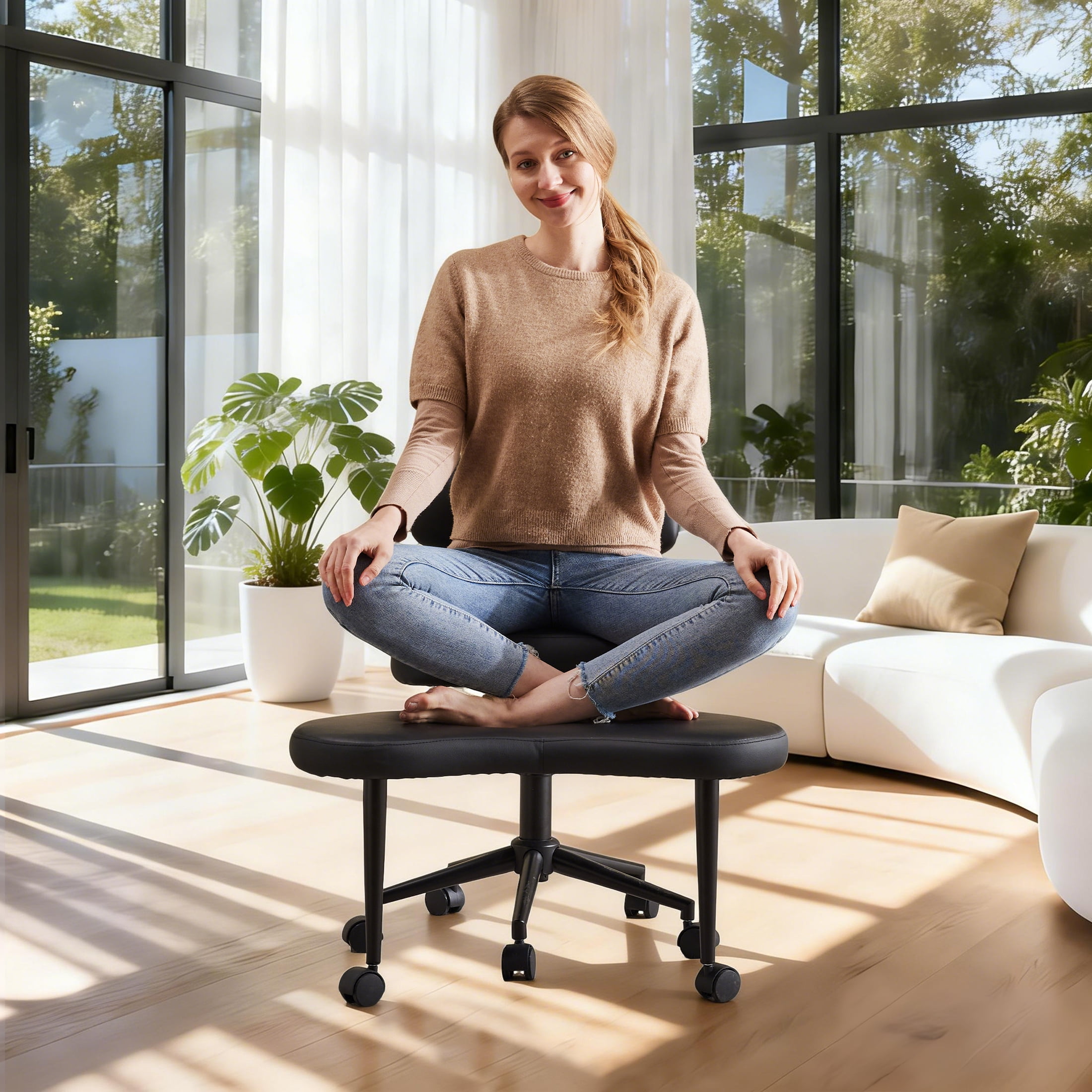 MCQ Ergonomic Cross Legged Office Chair for Adults, PU Leather, Adjustable Height, 360° Swivel, Black