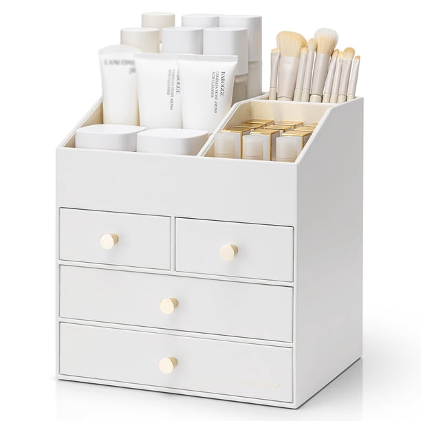Organizador de maquillaje Vlando, tamaño grande, piel sintética, 4 cajones
