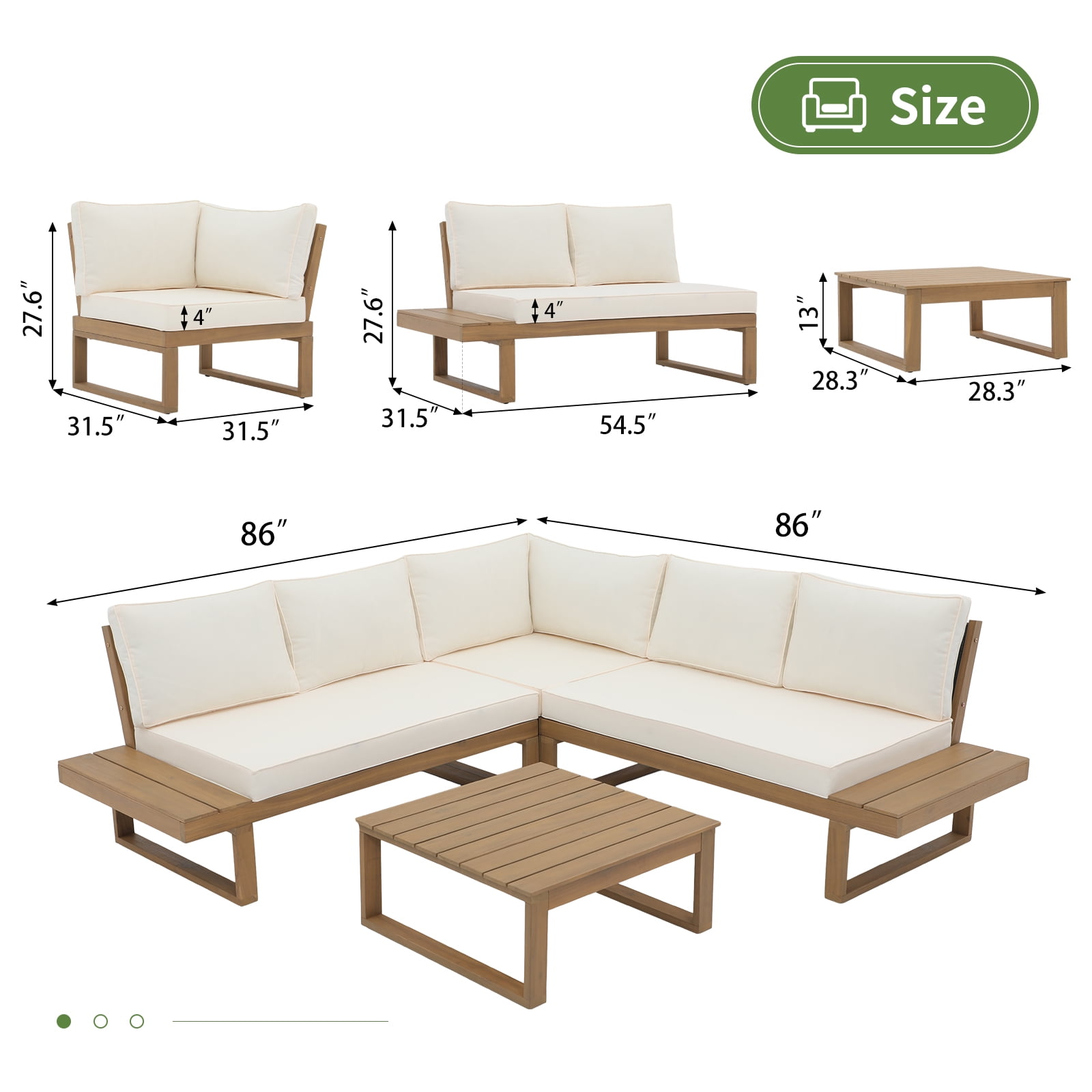 JOIVI Outdoor 4-Piece Acacia Wood Furniture Set, All-Weather Patio Sectional Sofa Set, Rope Lounge Couch with Wood Table, Cream White Cushion
