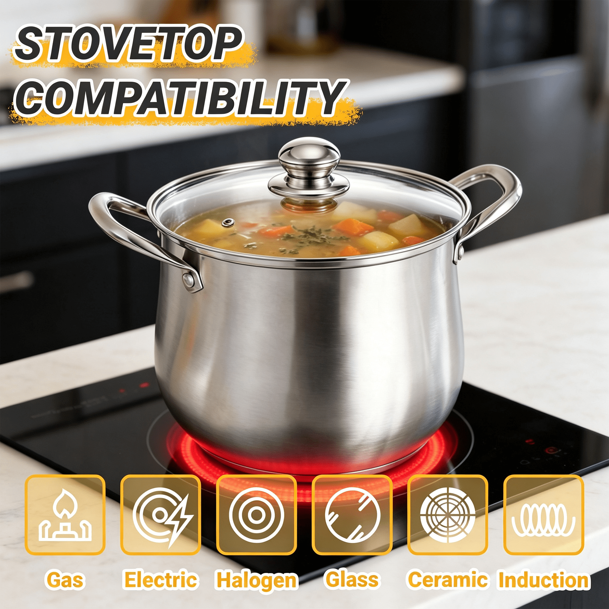 GARITIN Stainless Steel Stock Pot, 8 Quart Induction Cookware with Glass Lid, Nonstick Cooking Pot for Pasta Soup Canning Boiling Simmering