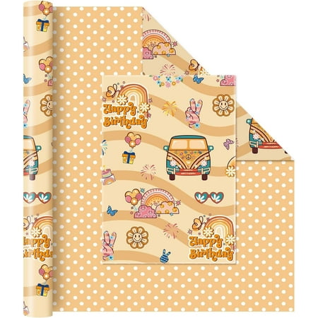 Hippie Brown Wrapping Paper Roll - 1 Roll 17” x 33 ft Rainbow Baby Shower Wrapping Paper for Girl Birthday Party Decor Supply Kids Gift Packing Favor Dot Design Reversible