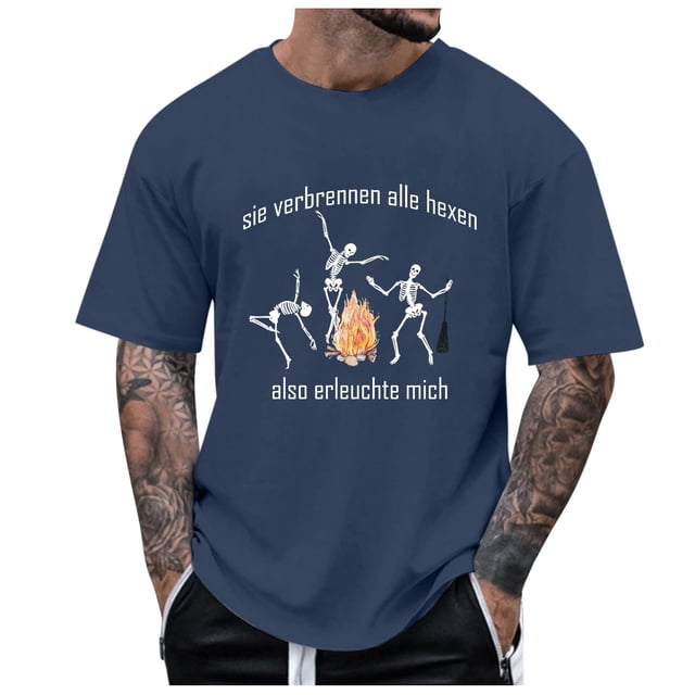 AWZXDE T-Shirts pour Hommes Imprimé Thème Halloween Col Rond Décontracté Graphique Feu Grande Taille Chemise Imprimée Couleur Unie Manches Courtes pour Confort et Style