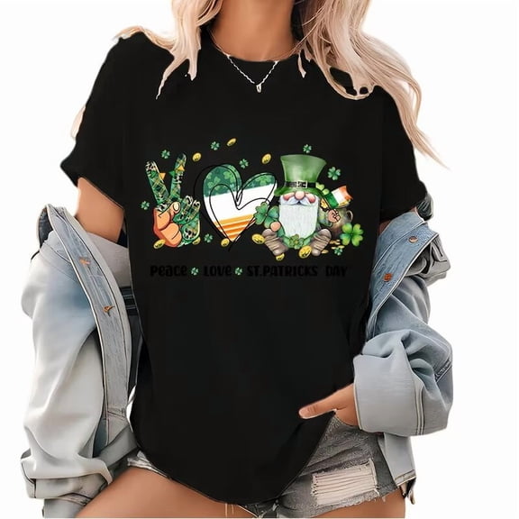 Black St Patricks Day Print Tshirt Graphic Tees Shirts Peace Love Irish Heart Gnome Clover Festive Casual Fashion Tops Sizes S-5XL