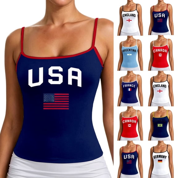 Rvusndi 2026 USA Tank Top Women USA Soccer Shirt Spaghetti Strap Tank Top 4th of July Sleeveless Patriotic Printed Summer Vest Tops Basic T Shirts for Beach Daily Wear