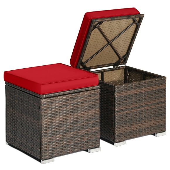 Topbuy 2 Pieces Patio Ottoman Multipurpose Outdoor Wicker Footstool Storage Box Side Table w/ Solid Metal Frame Additional Seating w/ Removable Cushions Red