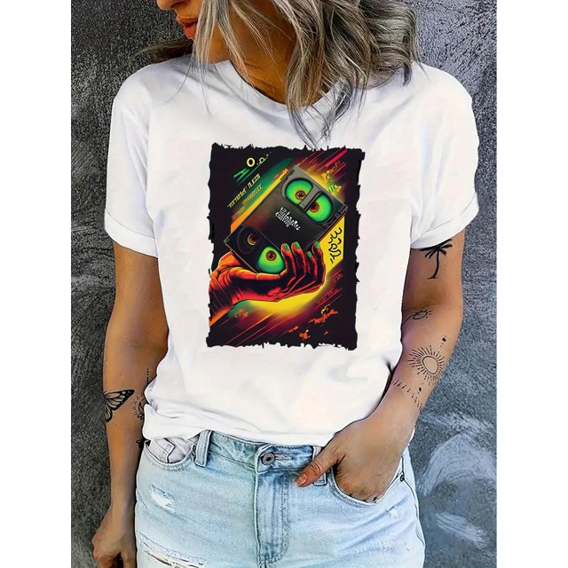 Camiseta básica para mujer verano SuaveWomen'S Casual Crew Neck T-Shirt with Geometric Vinyl Print, Polyester 95% Spandex 5% Knit Fabric, Medium Stretch, All Season Fashion TopFather's Day, Mother's