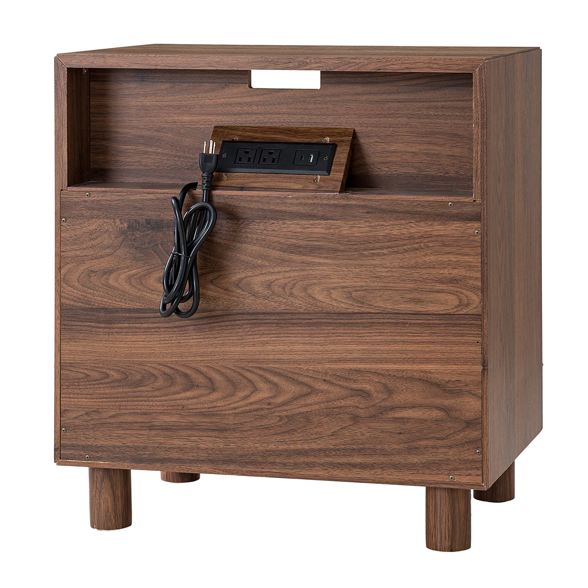 Mintazer Modern Nightstand with Charging Station, Bedside Table with 2 Mirrored Drawer, End Table for Bedroom Living Room, Walnut