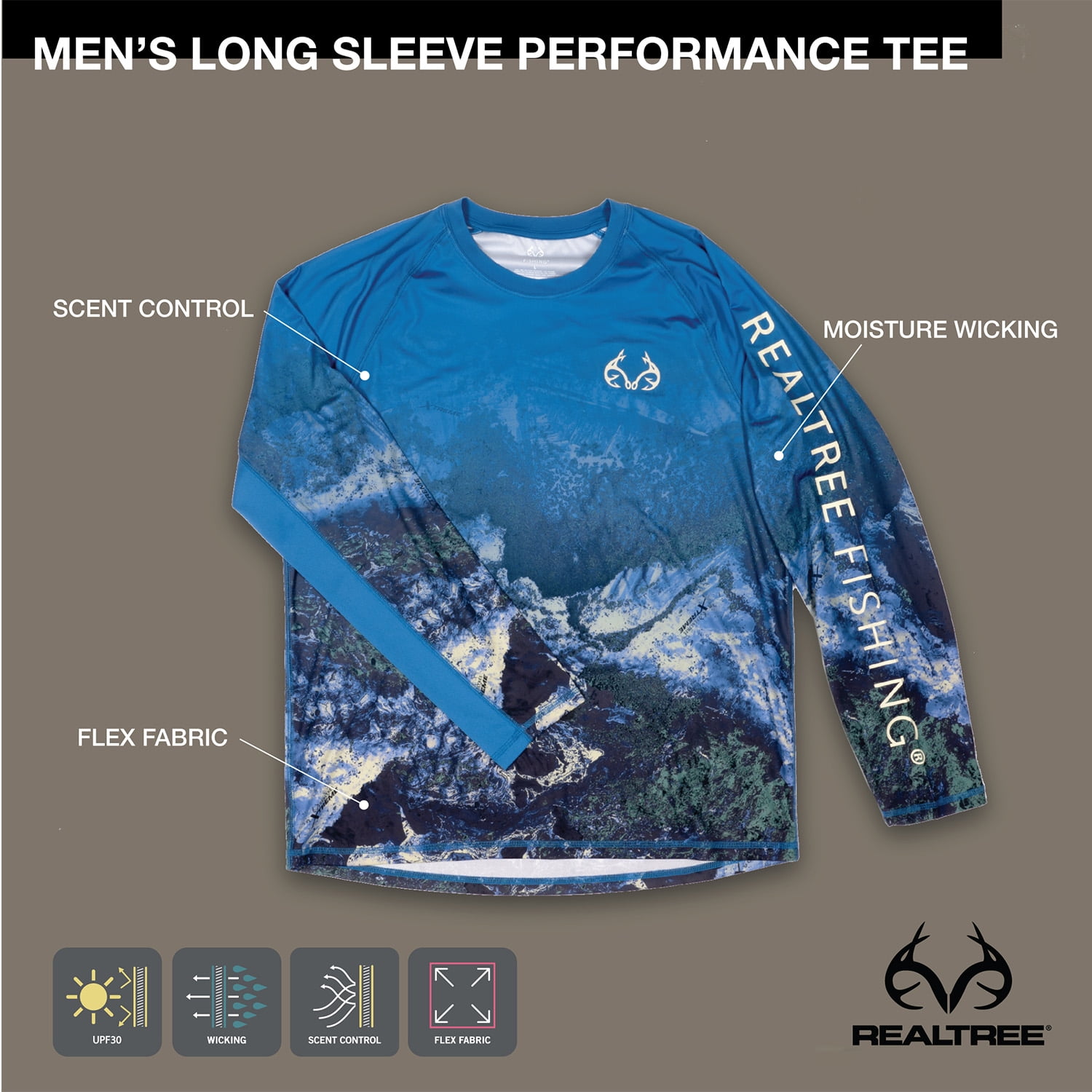 Realtree Men's Long Sleeve Performance Fishing Tee, Sapphire Blue, 2XL