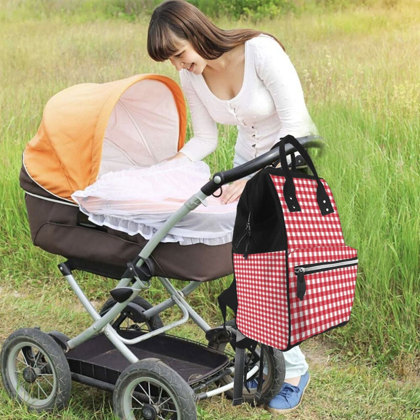 Ratiio Red Checkboard Mummy Backpack - Waterproof Twill Canvas, Large Capacity Diaper Bag with Multiple Pockets and Adjustable Straps
