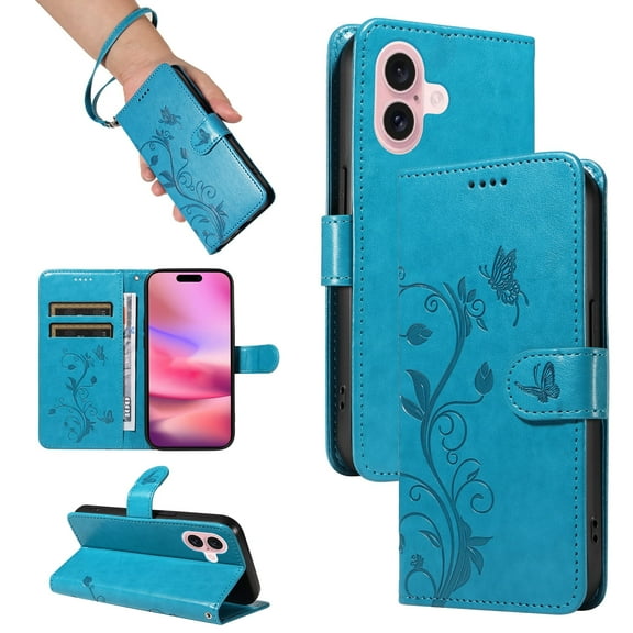 Allyechgroup Wallet Case for Apple iPhone 16, Butterfly Floral Embossed Premium PU Leather Shockproof Flip Stand Cards Slots Hand Wrist Phone Case for Apple iPhone 16, Blue