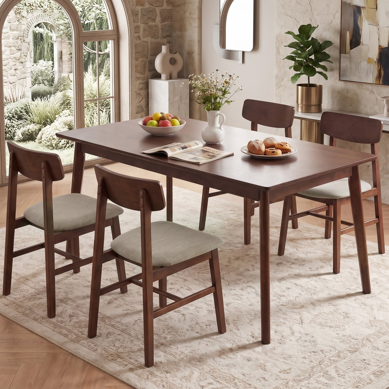 Furnibear Solid Rubber Wood Dining Chairs Set of 4, Mid-Century Modern Upholstered Kitchen Side Chairs with Curved Backrest, Linen Fabric Padded Seat, Walnut & Gray