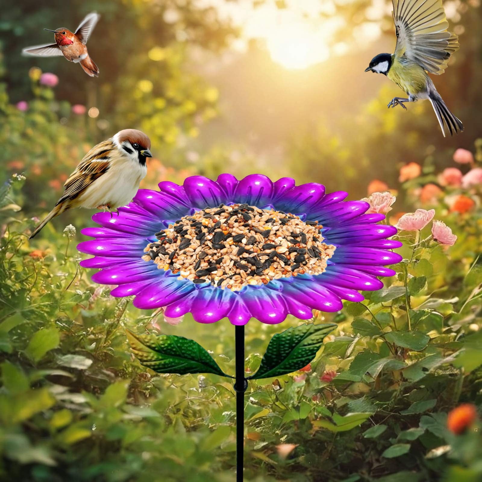 JilgTeok 1 Packs Metal Bird Baths Bowl Bird Feeders with Metal Stake Hummingbird Feeder for Outdoor Garden Yard Lawn Decor