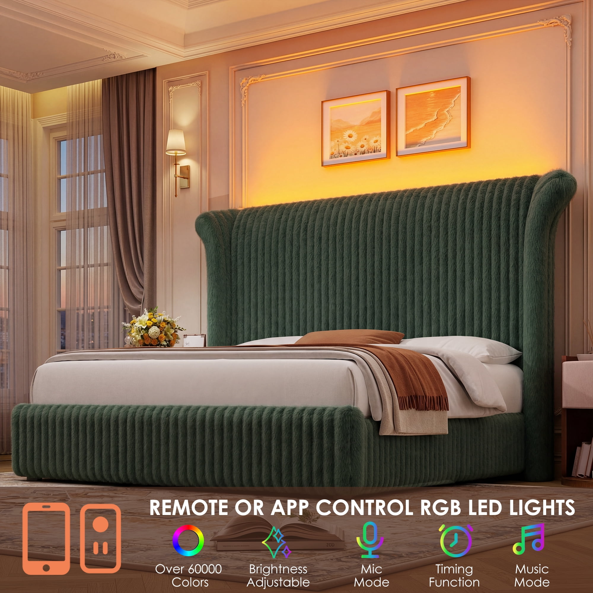 Hiphuta Corduroy Upholstered King Size Bed Frame with Headboard, LED Platform King Bed Frame with 55"H Tall Vertical Stripe Corduroy Wingback Headboard, Green