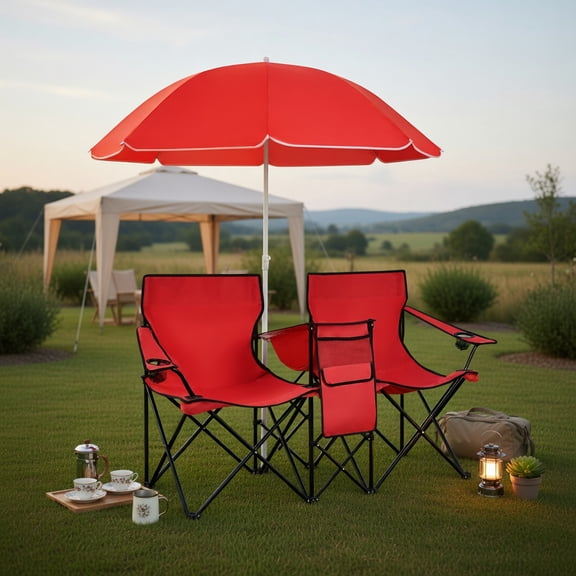 Topcobe Portable Folding Picnic Double Chair With Umbrella, Outdoor Beach Chair with Umbrella, Red