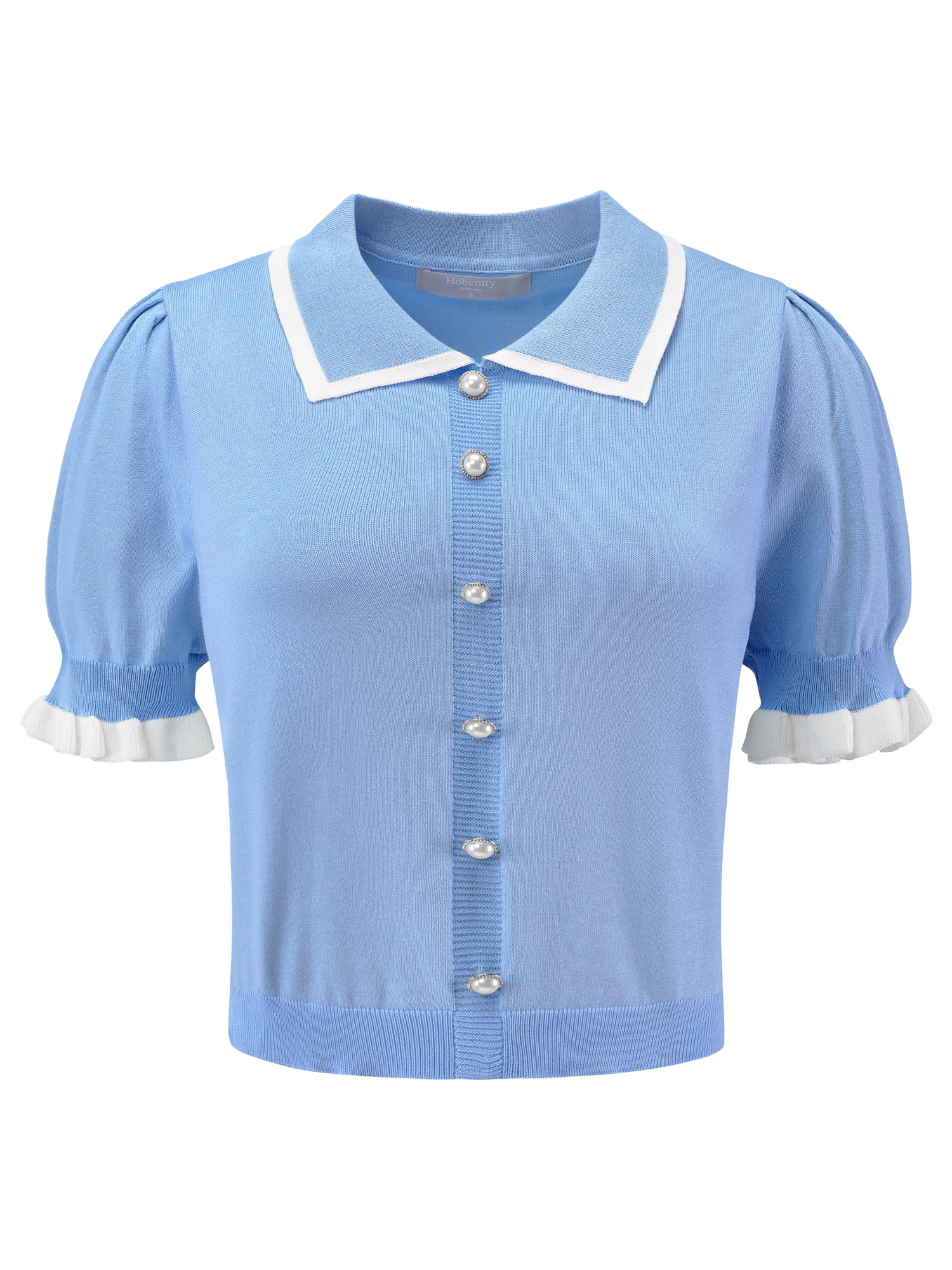 DARING DIVA Women's Puff Sleeve Dressy Vintage Knit Ruffled Crop Top L Blue