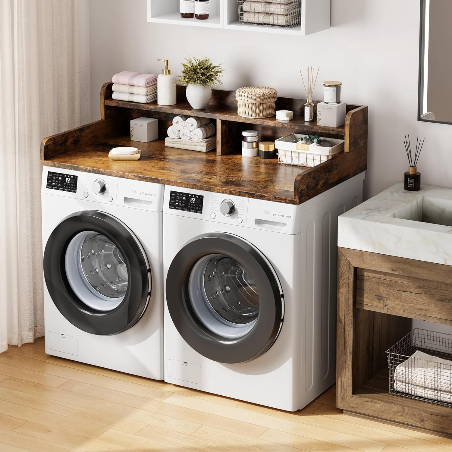 2-Tier Washer Dryer Countertop with Shelf, Laundry Topper with Edge and Non-Slip Pad for Washer Dryer Laundry Hamper Counter Storage Organization 54"X27.5"，Retro