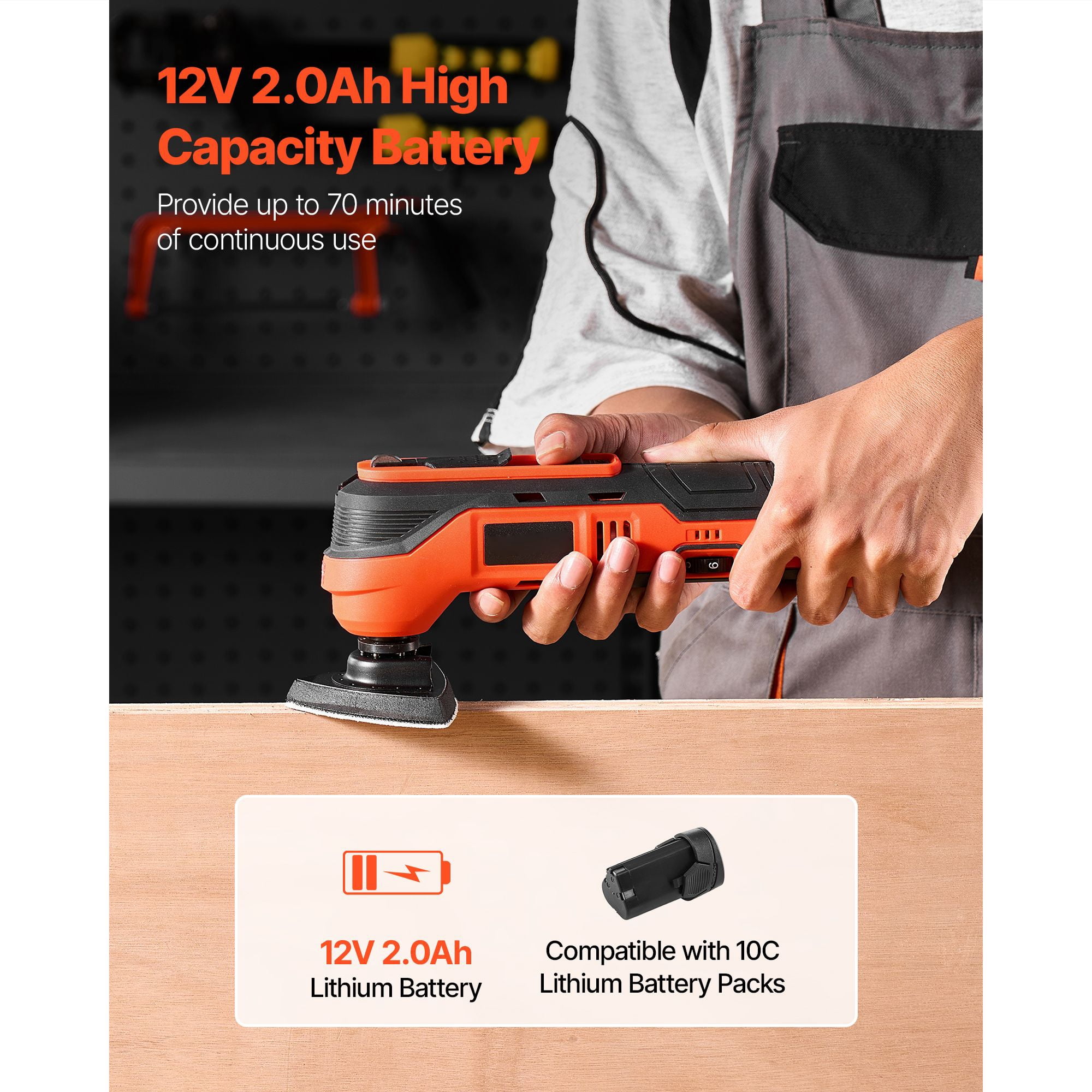 Cordless Oscillating Tool Kit 12V, 6 Speeds 6000-17500 OPM, 3.2° Oscillation Angle, 2.0Ah Battery, Quick Blade Change, LED Light for Woodworking DIY